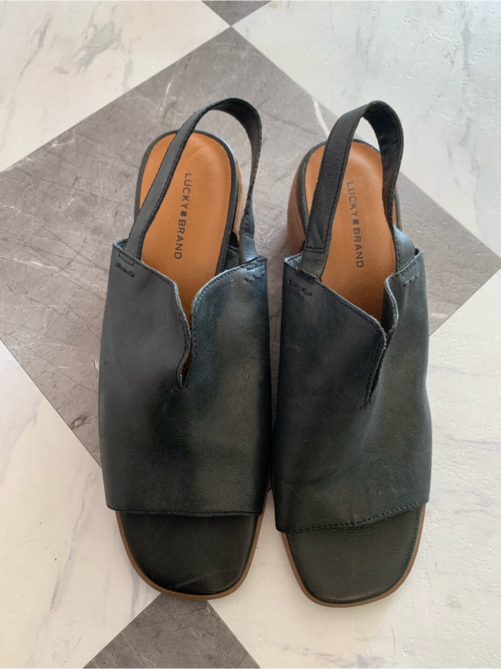 Lucky Brand Black Leather Slingback Mules with Square Toe